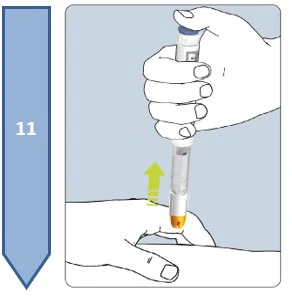 A hand holding an injection pen above an arm with a yellow arrow pointing downward