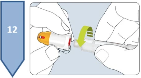 Two hands separating or joining two parts of a medical device with a curved green arrow indicating rotational movement