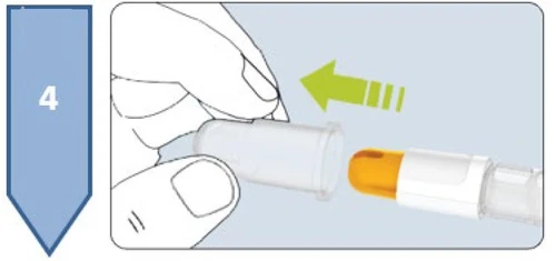 A hand holding a transparent cap and moving it toward a white and orange medical device indicated by a green arrow