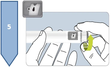 Two hands holding a white injection pen and rotating the upper part upward