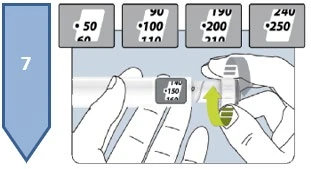 Two hands rotating the dial of a medical device with numerical indicators at the top showing doses from 50 to 250 units