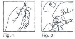 Disegno tecnico diviso in due parti che mostra una mano che impugna una siringa e una seconda mano che ne ruota la parte superiore