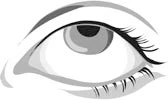 Dibujo estilizado en blanco y negro de un ojo humano abierto con pestañas largas y definidas y pupila oscura central