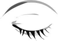 Stylized black and white drawing of a closed eye with long dark eyelashes and a marked upper outline
