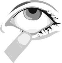 Black and white drawing of a human eye with long eyelashes and a finger pointing to the lower part of the lower eyelid