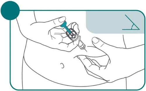 Dibujo técnico que muestra dos manos sosteniendo una jeringa para inyectar el medicamento en el