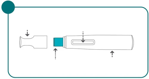 Diagrama técnico que muestra el desmontaje de un dispositivo médico con flechas punteadas que indican el movimiento de separación de los componentes