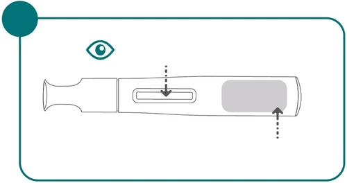 Diagrama de un dispositivo médico con un ojo en la parte superior y dos flechas punteadas que indican movimientos hacia el
