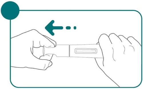 Dos manos sostienen un dispositivo médico cilíndrico con una flecha punteada que indica el movimiento de deslizamiento hacia la izquierda