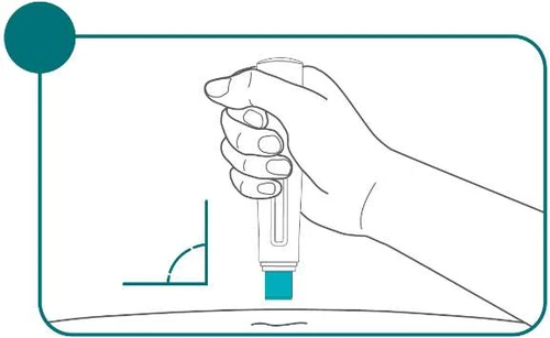 Dibujo lineal de una mano que sostiene un dispositivo médico cilíndrico y lo coloca verticalmente sobre una superficie plana