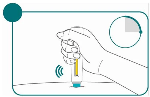 Dibujo lineal de una mano que sostiene un dispositivo médico para inyección sobre la piel con un indicador circular en la esquina superior derecha