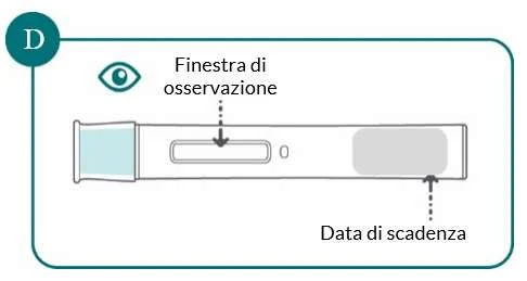 Esquema técnico de un dispositivo médico con ventana de observación central e indicación de la fecha de caducidad en el lado derecho