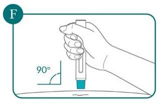 Ilustración de una mano que sostiene un dispositivo médico verticalmente a un ángulo de 90 grados respecto a la superficie de la piel