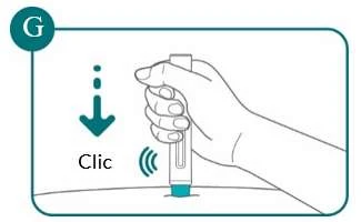 Una mano sostiene un dispositivo médico apoyado sobre la piel con una flecha hacia abajo y la palabra Clic junto a un símbolo de sonido
