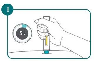 Ilustración de una mano que sostiene un dispositivo médico vertical sobre una superficie con un temporizador que indica 5 segundos