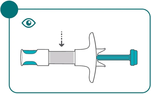 Diagrama médico que muestra un dispositivo para inyección con una flecha punteada orientada hacia abajo sobre el cilindro central