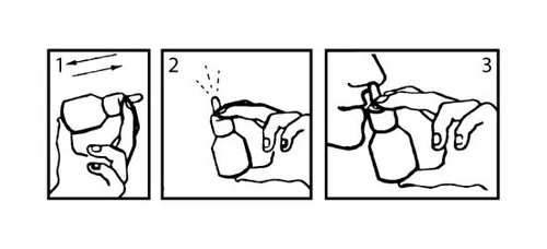 Three sequential diagrams show how to hold the bottle and press the