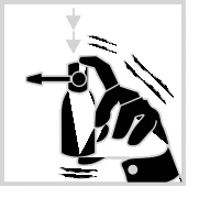 Black and white illustration of a hand pressing down the cap of a spray bottle, with arrows indicating the movement