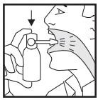 Technical drawing showing a hand pressing down the spray bottle to dispense the medication