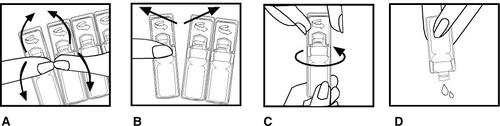 Secuencia de cuatro ilustraciones que muestran cómo agitar, girar y voltear un frasco médico para mezclar su contenido