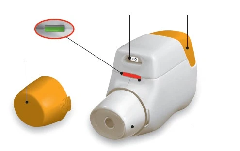 Medical diagram of a white and orange auto-injector device with black lines indicating different parts and an enlarged detail of a green window