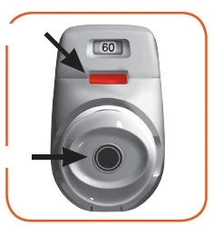 White medical device with a digital display reading 60, a red button, and a black arrow pointing to the central injection area