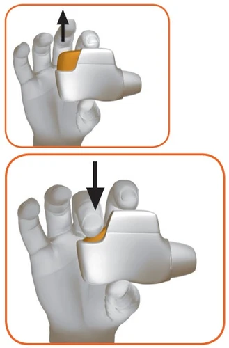 Two illustrations showing a hand gripping a white medical device with a black arrow pointing toward the