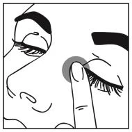 Dibujo en blanco y negro de un rostro con los ojos cerrados y un dedo presionando un círculo gris sobre el párpado izquierdo