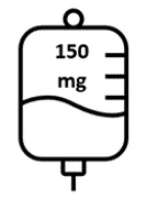 Schematyczny rysunek worka do infuzji zawierającego ciecz z napisem 150 mg i oznaczeniami pomiarowymi po bokach