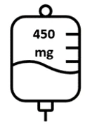 Rysunek liniowy worka do infuzji zawierającego ciecz z napisem 450 mg i oznaczeniami pomiarowymi po prawej stronie