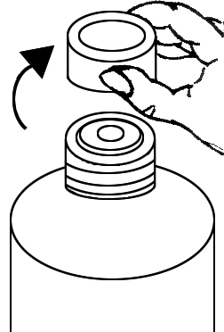 A hand rotates a cylindrical cap counterclockwise on the grooved neck of a medical vial following a curved arrow pointing to the left