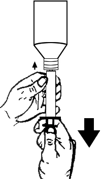 Black and white drawing showing two hands separating a vial from a syringe with arrows indicating outward movement