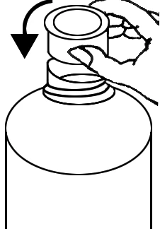 A hand turns the cap of a medical vial counterclockwise to open it, following the direction indicated by a black curved arrow