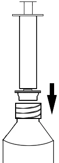 Technical drawing of a syringe being inserted downward into a glass vial, indicated by a black arrow pointing downward