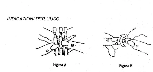 Technical drawing with two figures showing the steps for applying a medical device to a skin surface, with fingers holding it in place