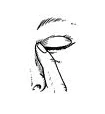 Black and white line drawing showing a finger gently lifting the lower eyelid of a closed eye for