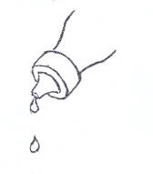Dibujo en trazo negro de un frasco de medicamento inclinado con una gota saliendo por el pico vertedor y un