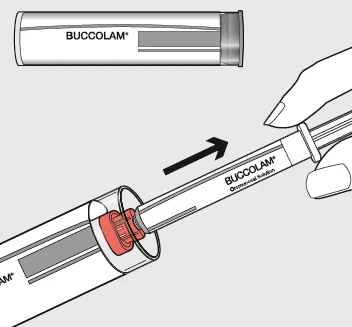 A hand inserts a cylindrical container of Buccolam into a transparent tube with an internal red cap, and a black arrow indicates the direction of movement