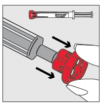 Hands rotating a red cap on a medical device with black arrows indicating the downward screwing motion