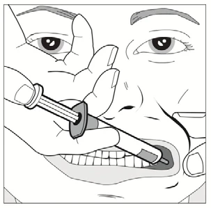 Black and white drawing of a hand holding a syringe and gently inserting it into