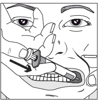Black and white drawing showing a hand inserting a syringe with needle into a person's mouth between the lips and teeth