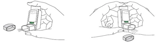 Two line drawings show hands holding an inhaler with the cap removed and medication being released from the mouthpiece