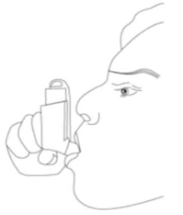 Thin line drawing of a human profile holding an inhaler close to the mouth and nose for