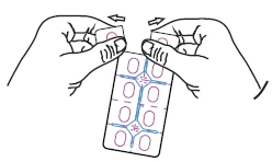 Two hands forcefully separating the two halves of a rectangular blister pack containing circular pills arranged in two vertical rows