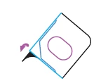 Schematic diagram of a medical device with black and blue outline and a purple oval in the center with a purple curved arrow on the left