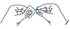 Two hands holding and carefully opening a small square white pouch with blue borders and a purple circle in the center