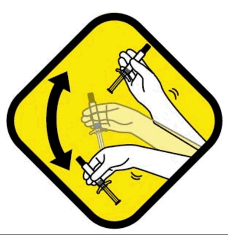 Icono amarillo en forma de rombo con flecha negra curva que indica el movimiento oscilatorio de dos manos sosteniendo jeringas para la