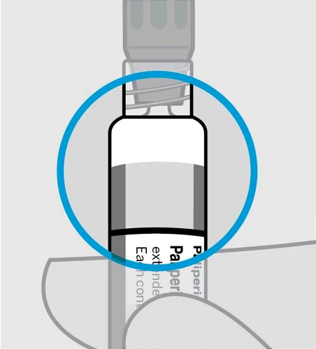 Ilustración médica de una mano que sostiene un frasco de medicamento con un círculo azul que resalta la parte superior del recipiente y el tapón