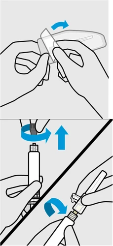 Dibujo técnico que muestra manos retirando una protección blanca, girando un dispositivo médico y ensamblando con un componente conector