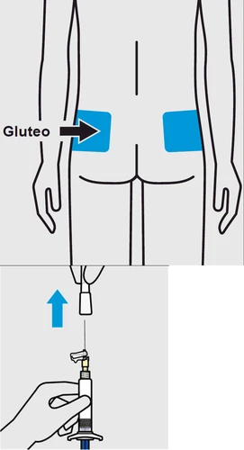 Diagrama del cuerpo humano con áreas azules en los glúteos y detalle de una mano que sostiene una jeringa con aguja dirigida hacia el